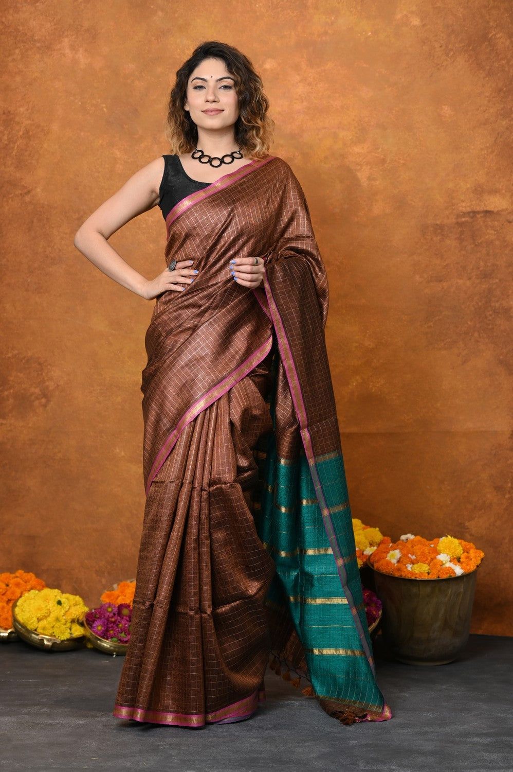 Designed By VMI~ Handloom Pure Tussar Silk Saree With Sleek Border~ Brown