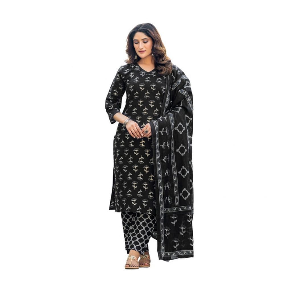 womens cotton blend printed kurti with pant dupatta set black pid63058