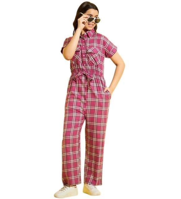 Girl's Cotton Checkered Short Sleeves Jumpsuit