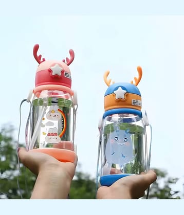 Radhe Creation Cartoon Water Bottle with Straw Multicolour Plastic School Water Bottle 600 mL ( Set of 1 )