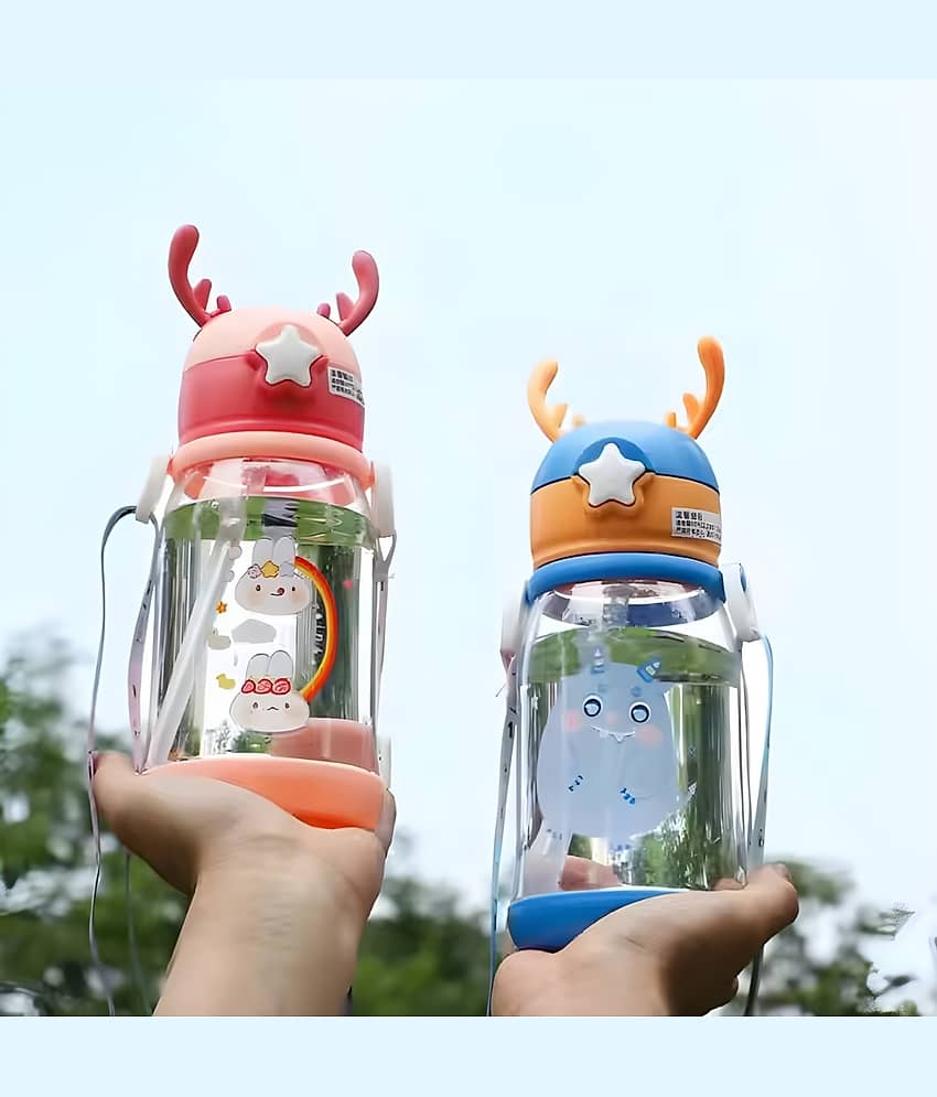 Radhe Creation Cartoon Water Bottle with Straw Multicolour Plastic School Water Bottle 600 mL ( Set of 1 )