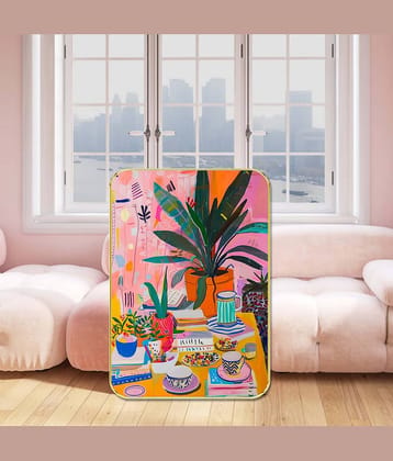 Livin'luxe Vibrant Coffee Table & Plant Wall Poster | Artistic Multicolor Painting Print | Golden Frame Décor for Study Room, Kitchen & Café Corners 13.5 Inch x 19.5 Inch