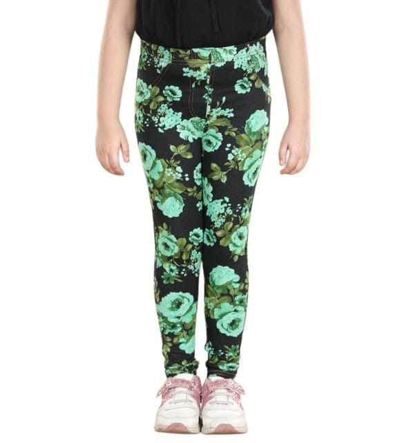 Girl's Cotton Blended Floral Elasticated Jeggings (Black-Green, 2-3-Yrs)-PID66069