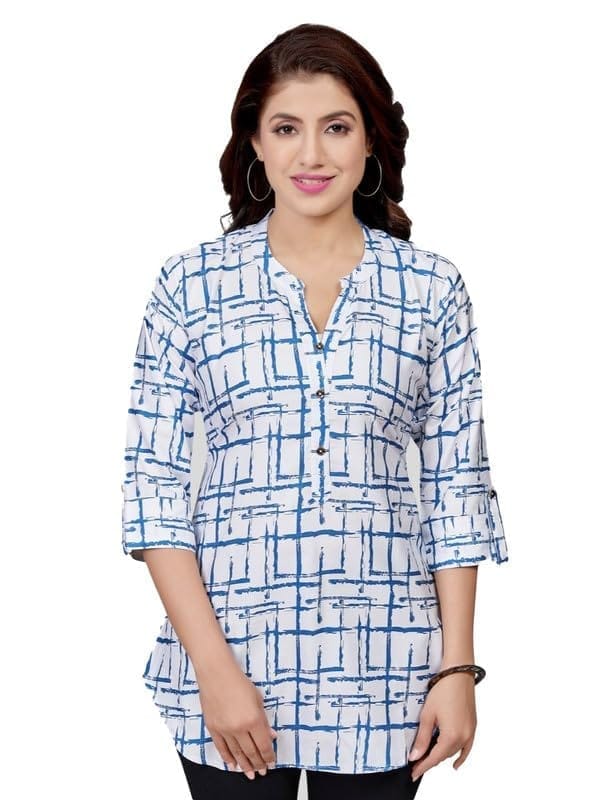 Women's Poly Crepe Mandarin Collar 3/4 Sleeves Short Top (White, S)-PID56223
