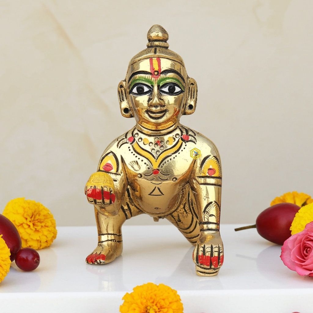 Brass Laddu Gopal Idol Statue - Handcrafted Krishna Murti, Height : 3.5 Inch (BSMAS1300 D)