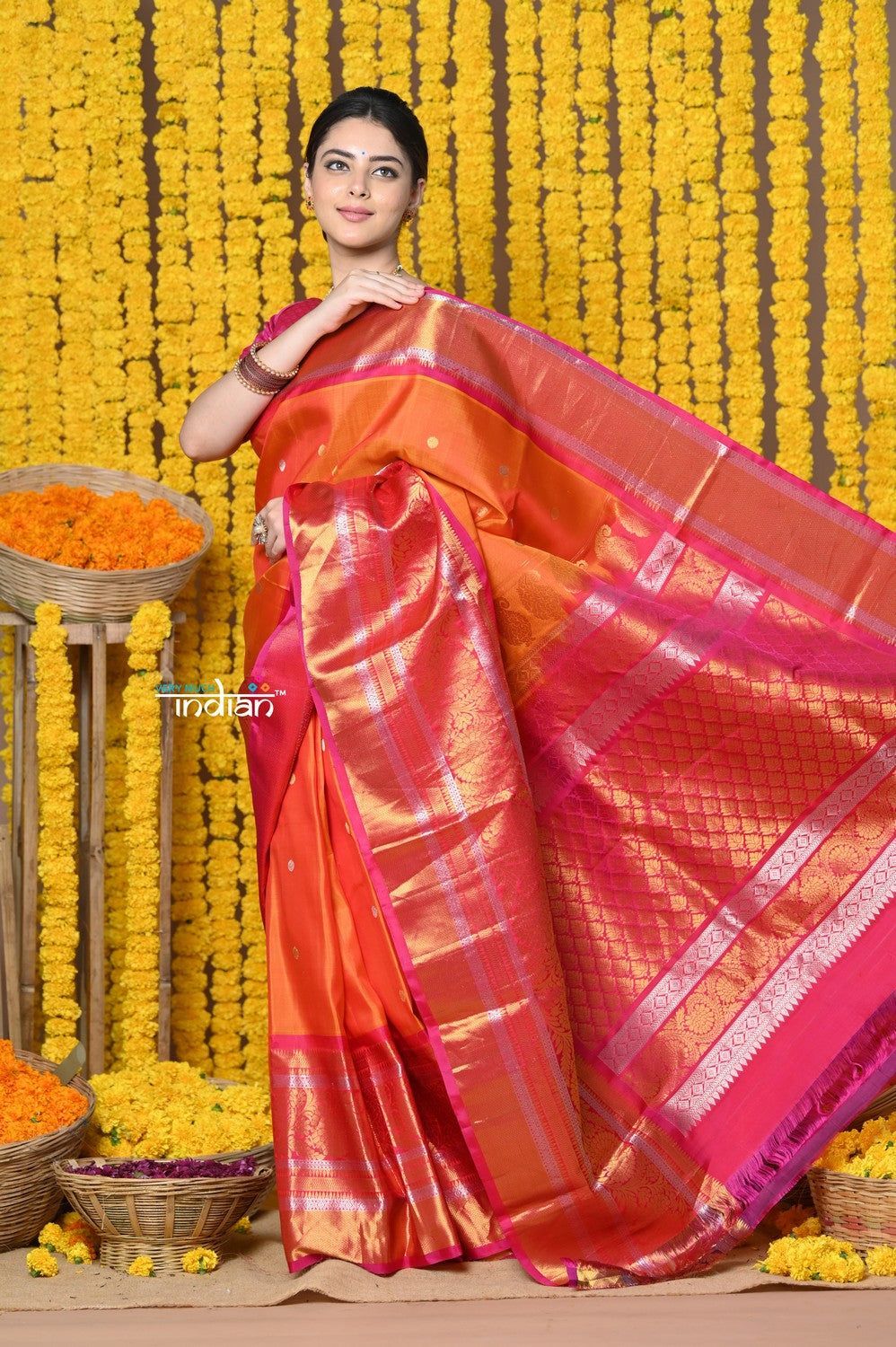 Rajsi~ EXCLUSIVE! Handloom Pure Silk Gadwal Saree Handcrafted Zari Pallu in Orange Pink