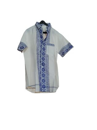 Men's Half Sleeves Cotton Shirt with Blue Embroidery Men's Half Sleeves Cotton Shirt with Blue Embroidery