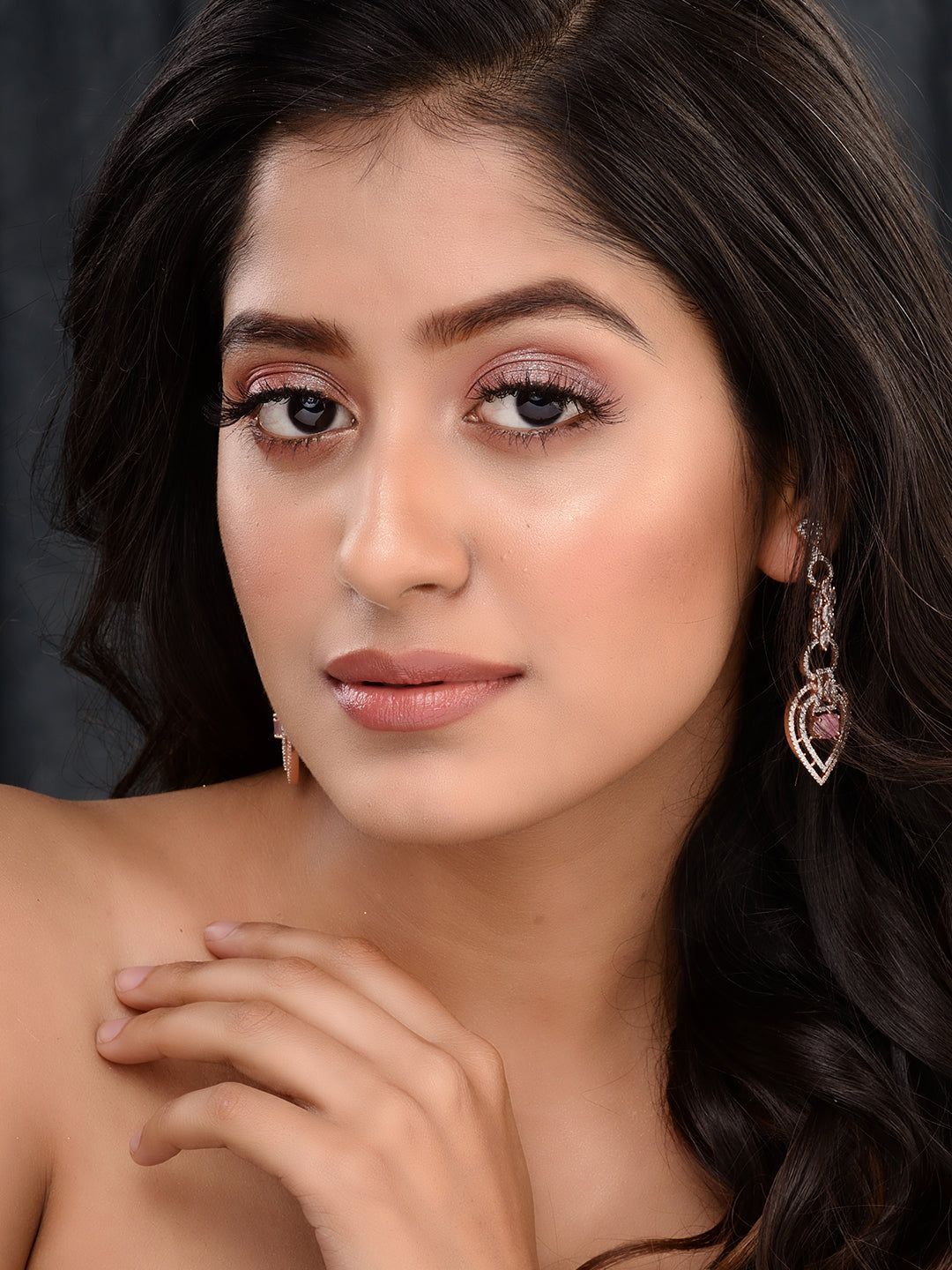 Rosegold Plated Pink AD studded Drop Earrings