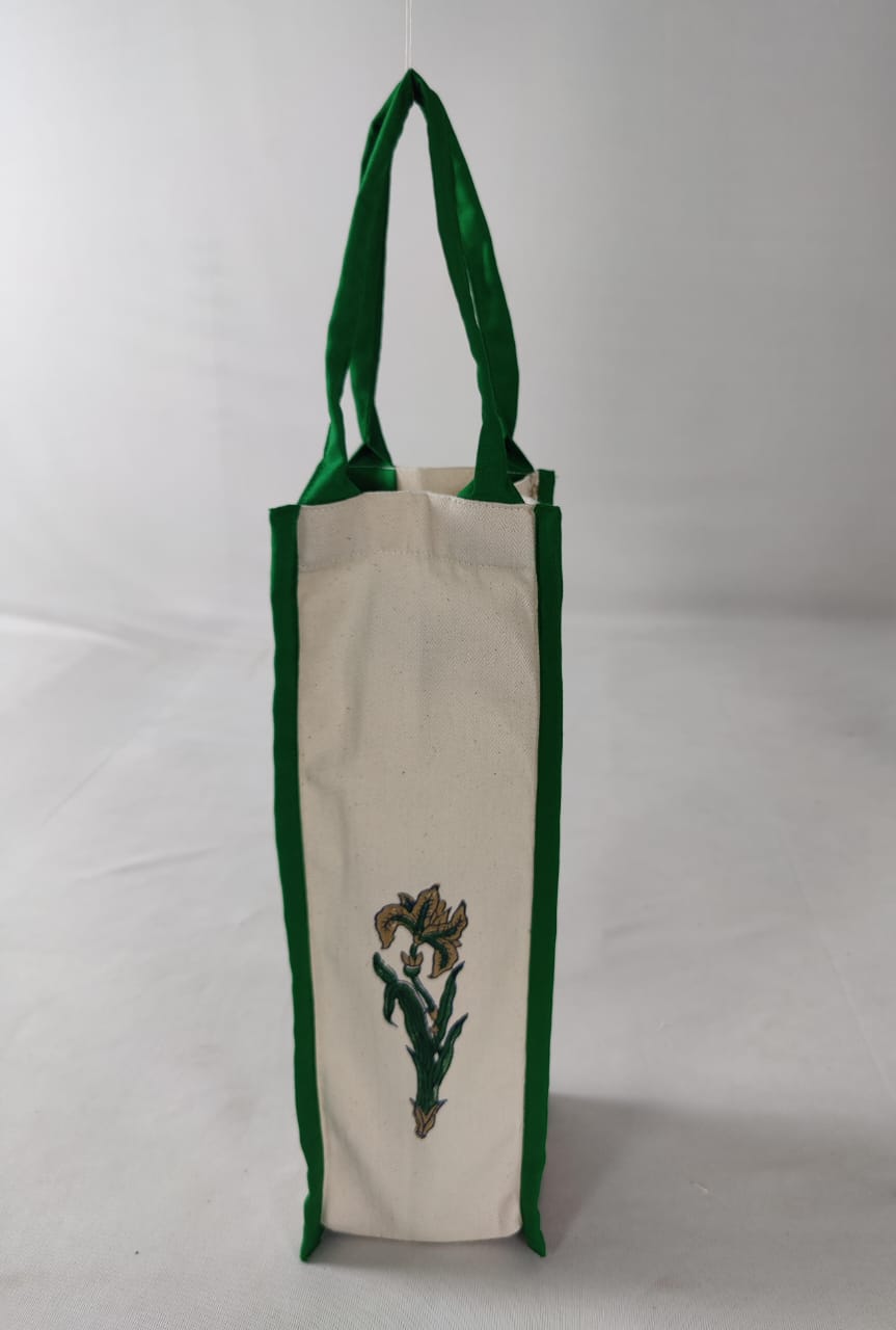 Handcrafted Block Printed Cotton Bottle Bag | Reusable | Green