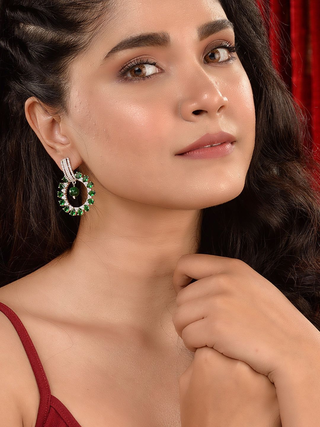Silver Toned Green AD Luxe Hoop Earrings
