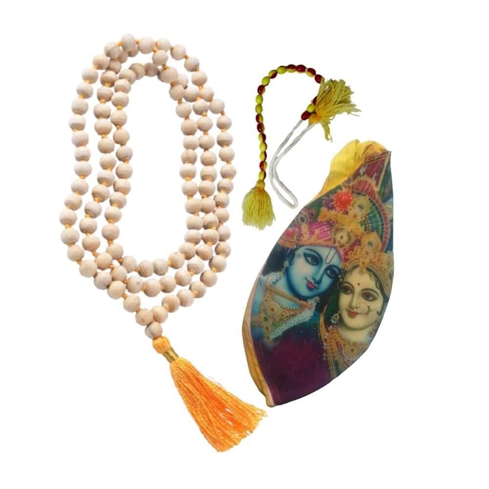 MAYAPURI Pure Cotton Multicolor Radha Krishna Printed Gomukhi Japa Mala Bag/Chating Bag/Beads Bag with Tulsi Japa Mala 108 Beads Original and Sakshi Mala Counter (1 Set)