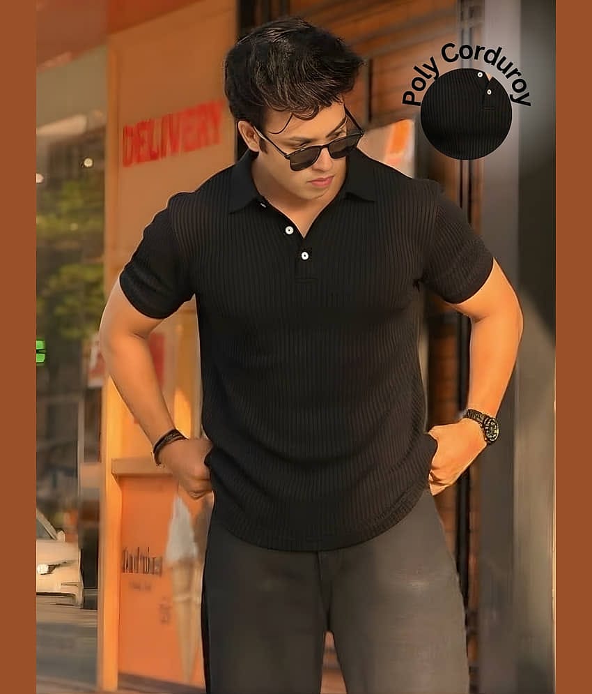 Rigo Men Polyester Regular Fit Self Design Polo T Shirt ( Black )