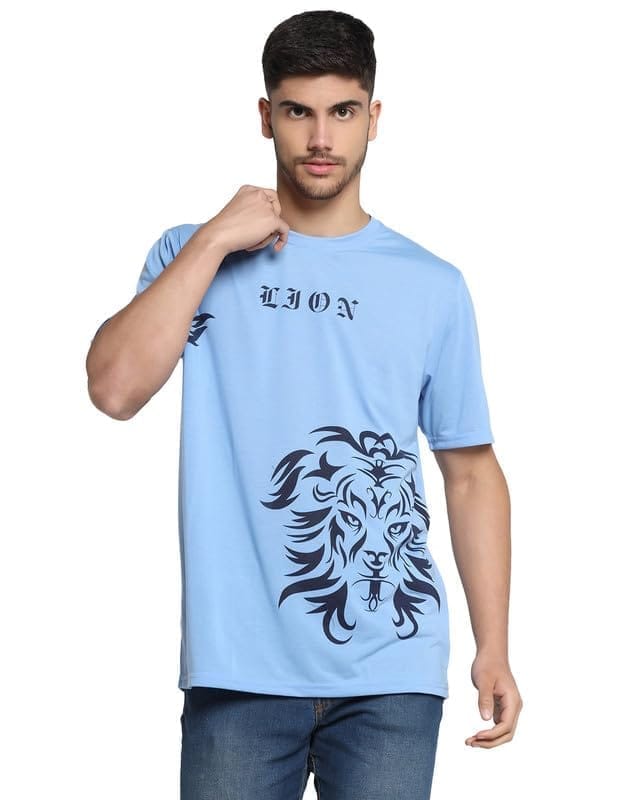 Men's Casual Half Sleeve Printed Cotton Blended Round Neck T-Shirt (Sky, M)-PID47142