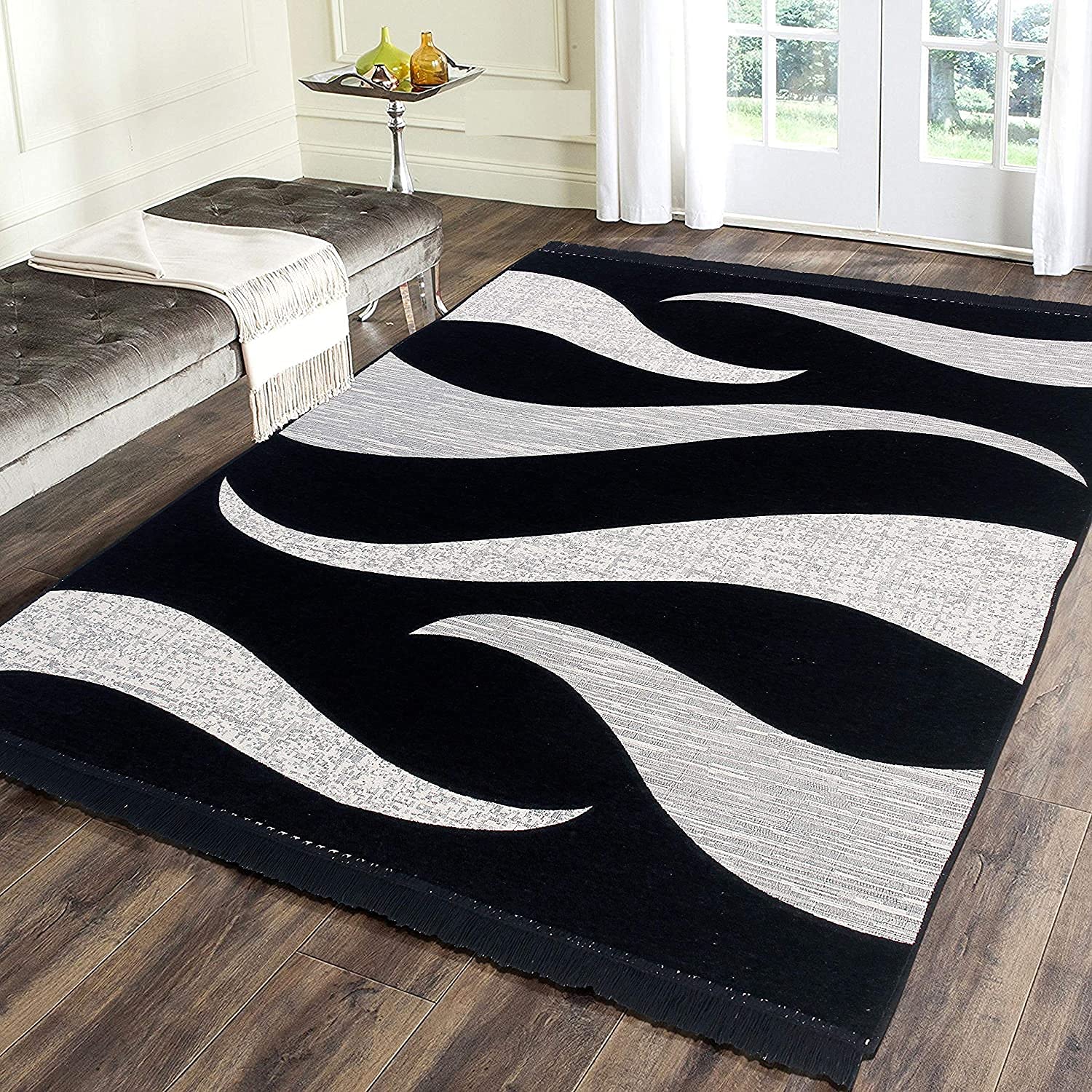 RADECOR Wave Design Sleek and Spacious Rectangular Chenille Carpet with Binding | Area Rug | Durries for Living Room, Bedroom |5X7 Feet (210 Cmx152 Cm)