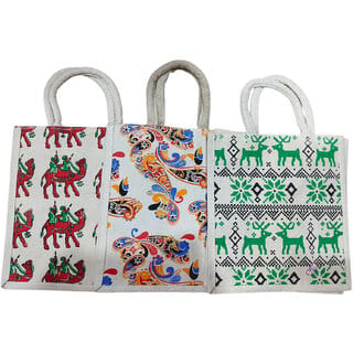 Multi colour jute bag for women and men lunch bag with zip and handle(pack of 3) Waterproof Multipurpose Bag (White, 8.5