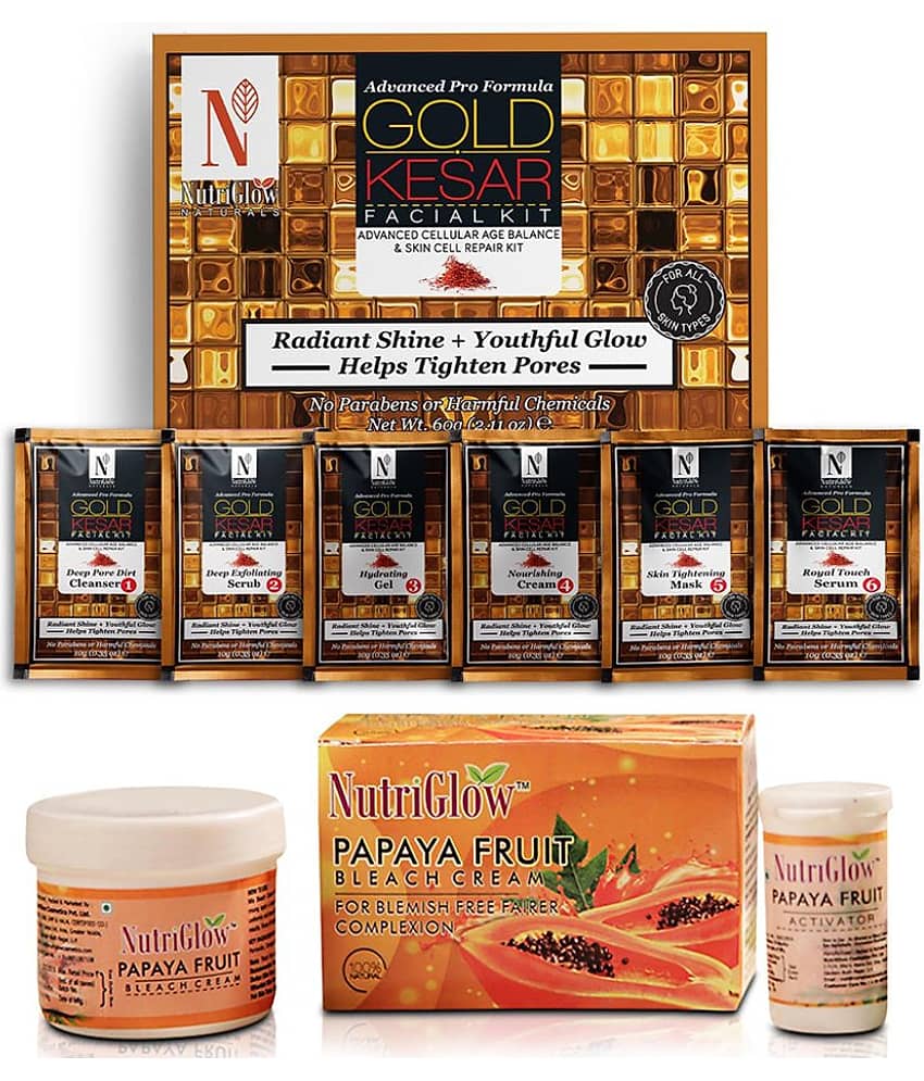 Nutriglow Advance Pro Formula Gold Kesar Facial Kit 60gm + Papaya Fruit Bleach Cream 43gm (Pack of 1)