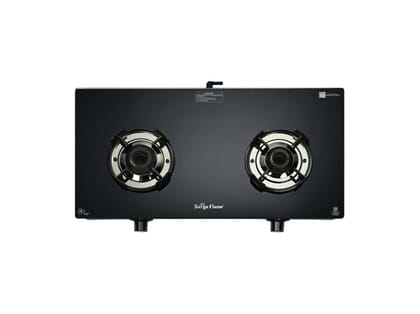 Surya Flame Black Pro 2 Burner Gas Stove, Toughened Glass, Heavy Coated Black Brass Burners, Flame Guard Pan Support - Black