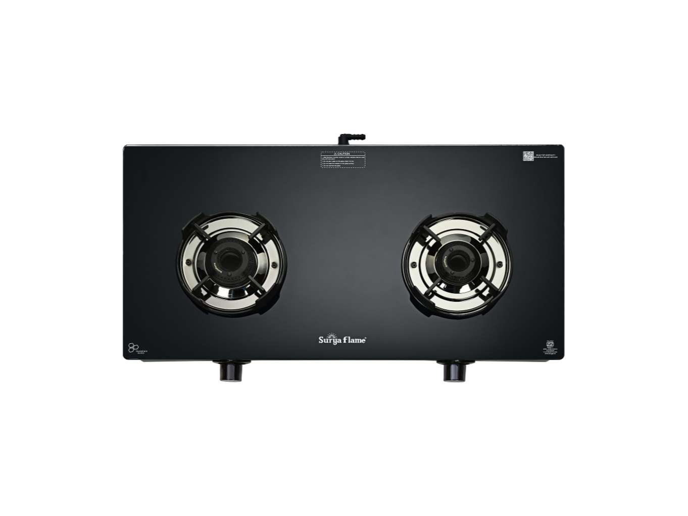 Surya Flame Black Pro 2 Burner Gas Stove, Toughened Glass, Heavy Coated Black Brass Burners, Flame Guard Pan Support - Black