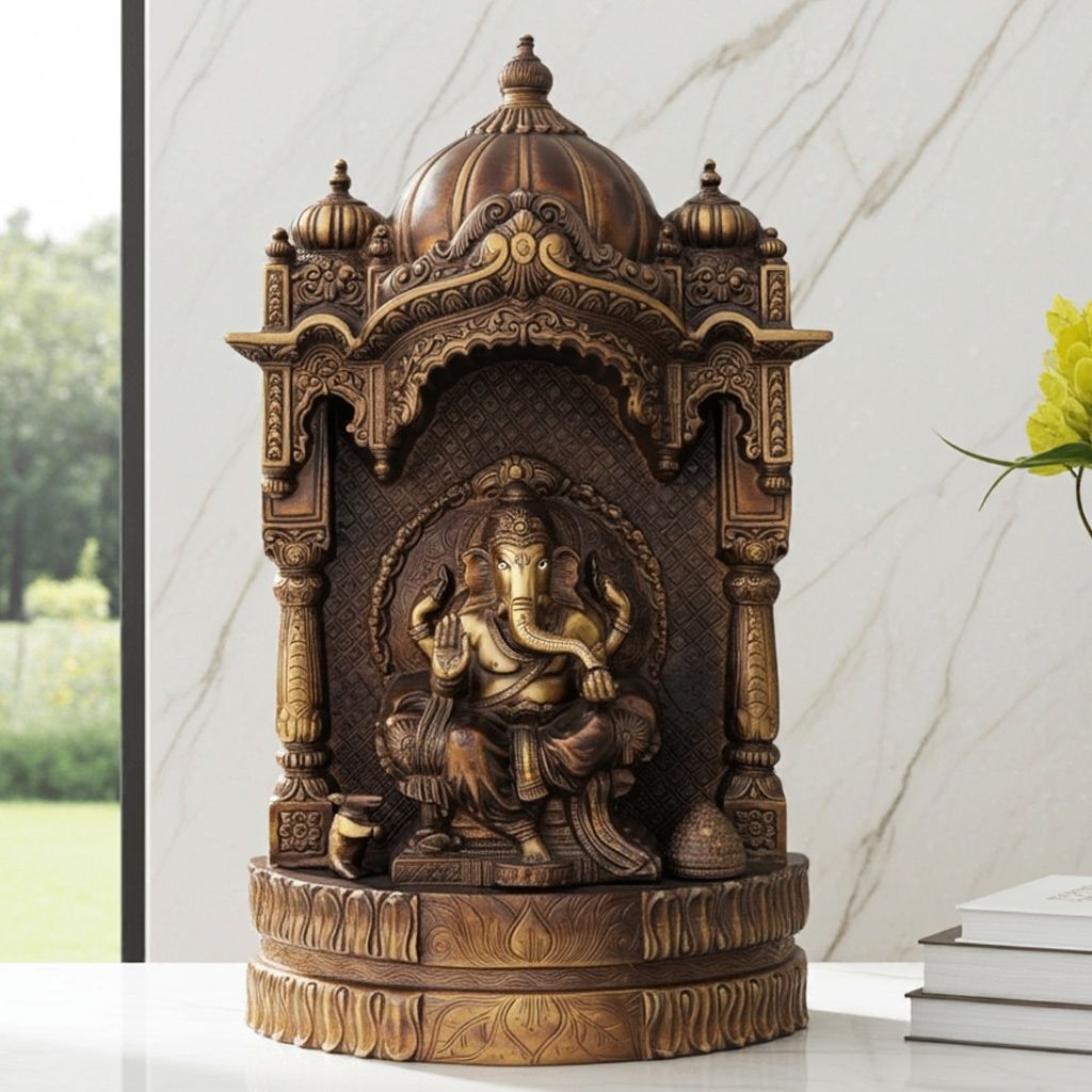Brass Showpiece Ganesh Ji With Temple God Idol Statue (BSMAS678)