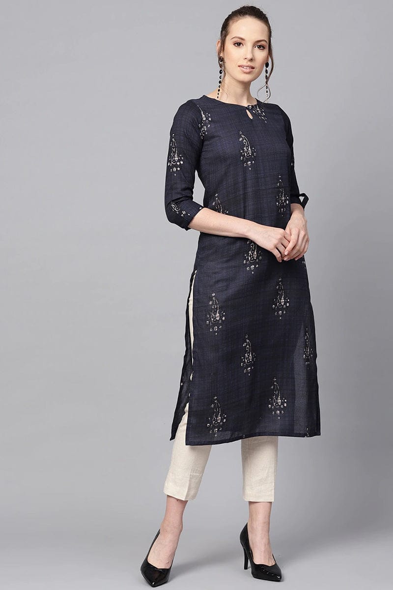 Women Cotton Blend Navy Blue and Off-White color Printed Straight Kurta VCK1251