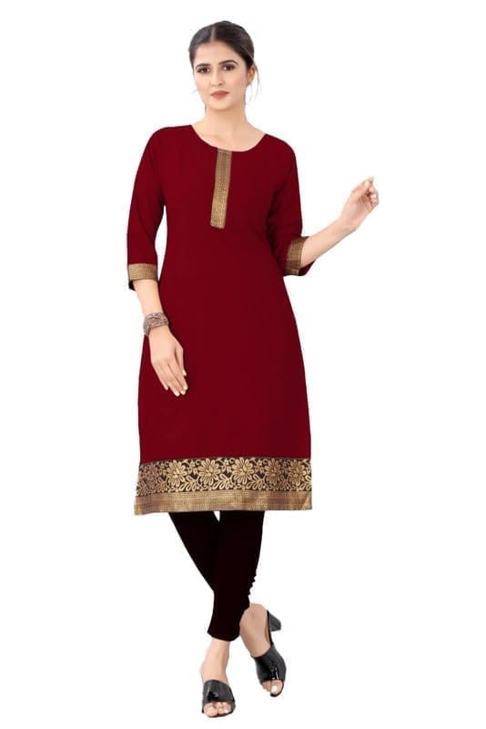 Women's Casual 3/4th Sleeve Solid Cotton Kurti (Maroon, S)-PID46112