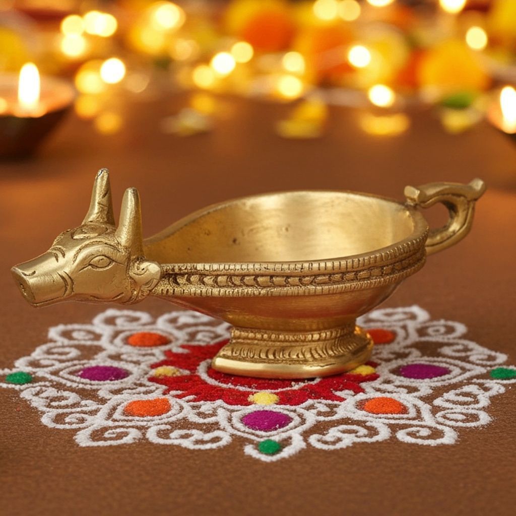 Brass Table Decor Nandi Oil Lamp Deepak  - Sacred Cow Oil Lamp for Temple Puja, Height : 2.5 Inch (BSMAS1182 A)