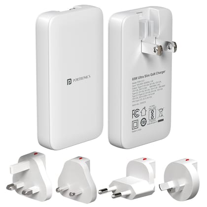 Portronics Adapto 65U, 65W Max Output, Dual Type C PD Port, 4 Swappable Heads, Compatible With Laptops, Smartphones - White Portronics Adapto 65U, 65W Max Output, Dual Type C PD Port, 4 Swappable Heads, Compatible With Laptops, Smartphones - White