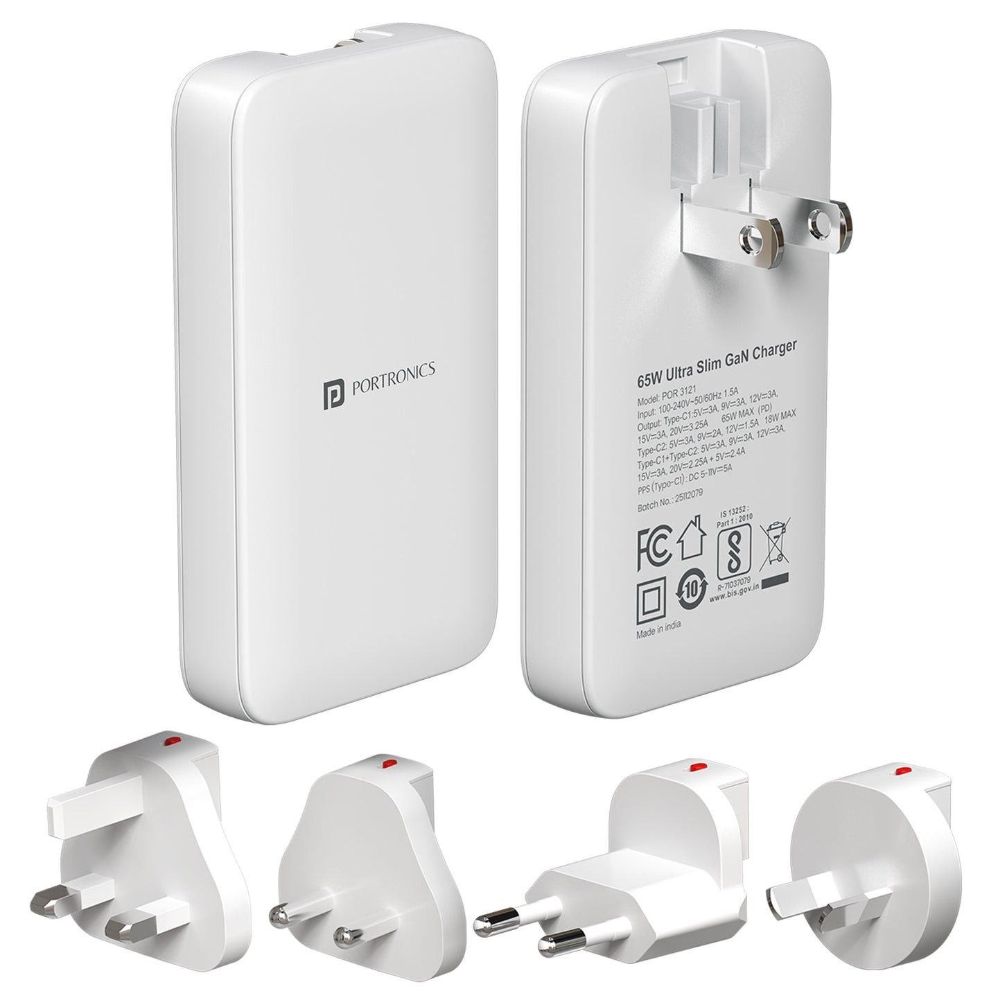 Portronics Adapto 65U, 65W Max Output, Dual Type C PD Port, 4 Swappable Heads, Compatible With Laptops, Smartphones - White