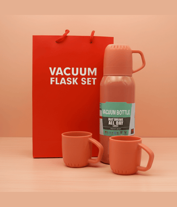 LAZYWINDOW Vacuum Flask Set with 3 Serving Cups Peach Steel Water Bottle 500 mL ( Set of 1 )