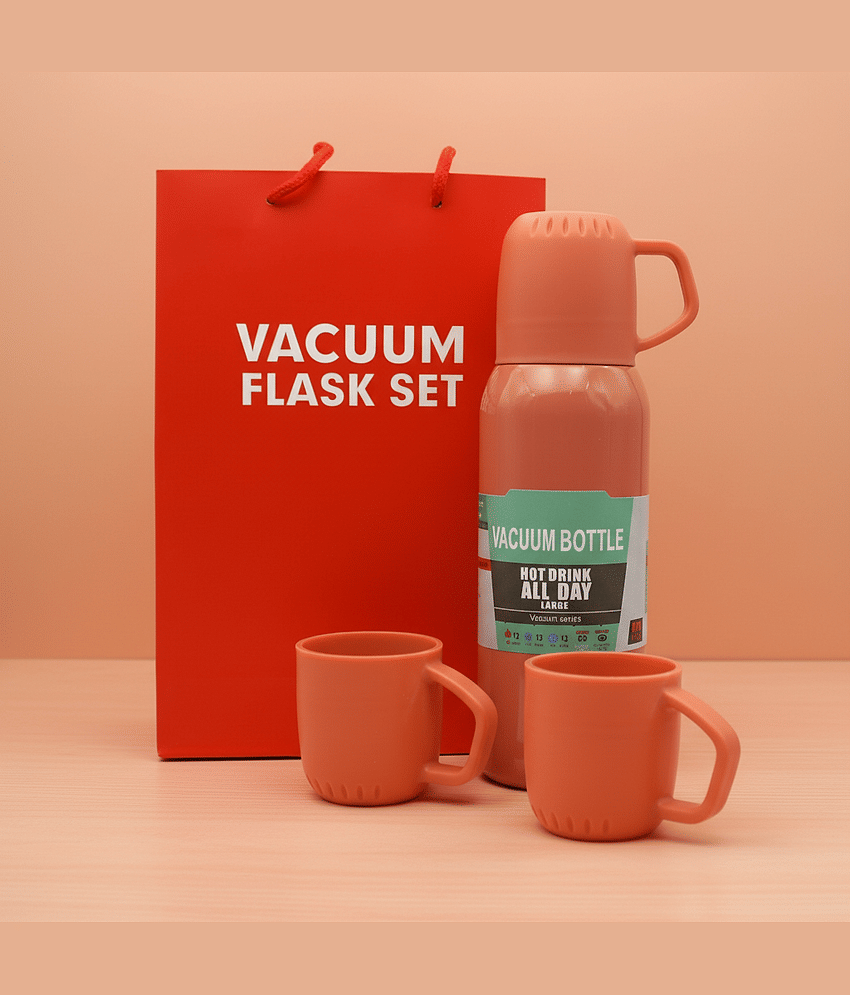 LAZYWINDOW Vacuum Flask Set with 3 Serving Cups Peach Steel Water Bottle 500 mL ( Set of 1 )