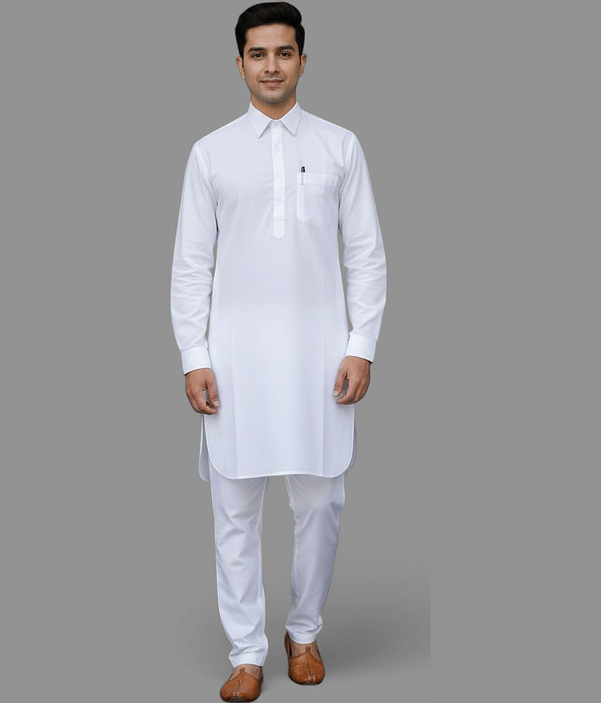 B.S sports wear Cotton Blend Solid Regular Fit Kurta Pyjama Set For Men ( White )