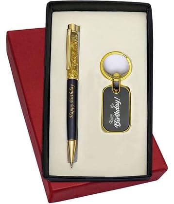 UJJi Happy Birthday Printed Golden Gel Filled Brass Body Ball Pen & Keychain