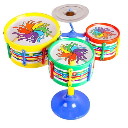 Musical Band Instruments with 3 Drums, 1 Dish, 1 Stool & Sticks for Kids (Assorted Colors & Designs) Musical Band Instruments with 3 Drums, 1 Dish, 1 Stool & Sticks for Kids (Assorted Colors & Designs)