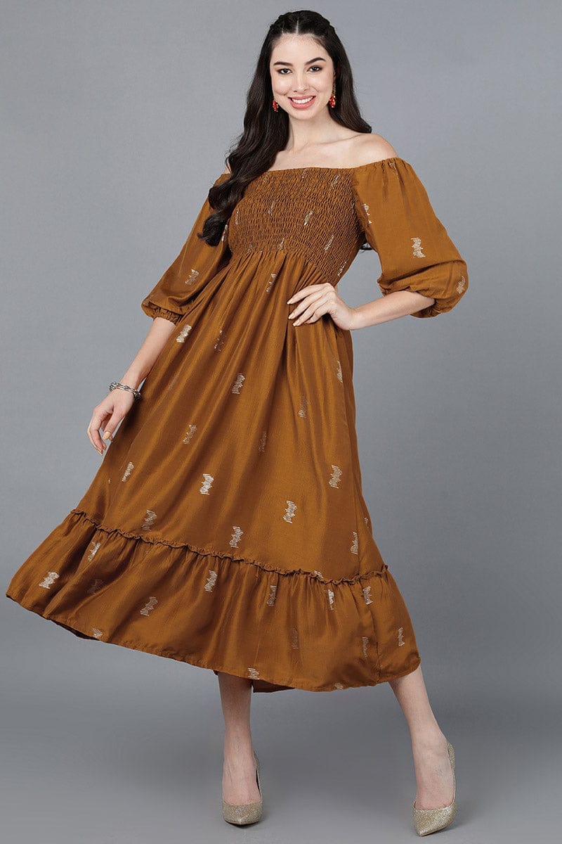 Brown Poly Silk Embellished Midi Dress VD1278