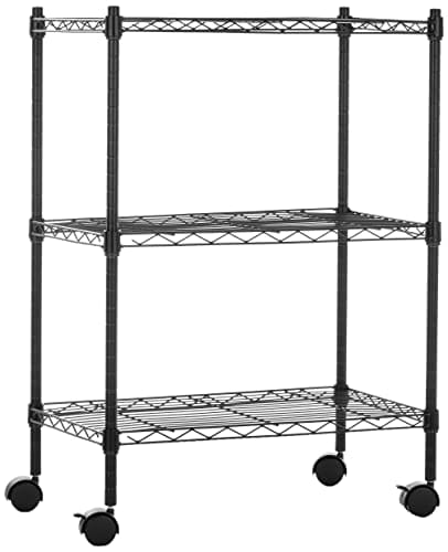 basics Height Adjustable 3-Shelves Rack with Wheels, Metal, Tiered Shelf, Floor Mount