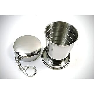 Foldable Glass Compact Portable Folding Stainless Steel Travel Mug -Water Cup with Hanging Chain for Camping, Hiking O