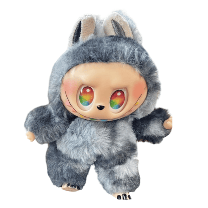 Labubu Doll Adorable Grey Furry Plush Figure with Rainbow Eyes