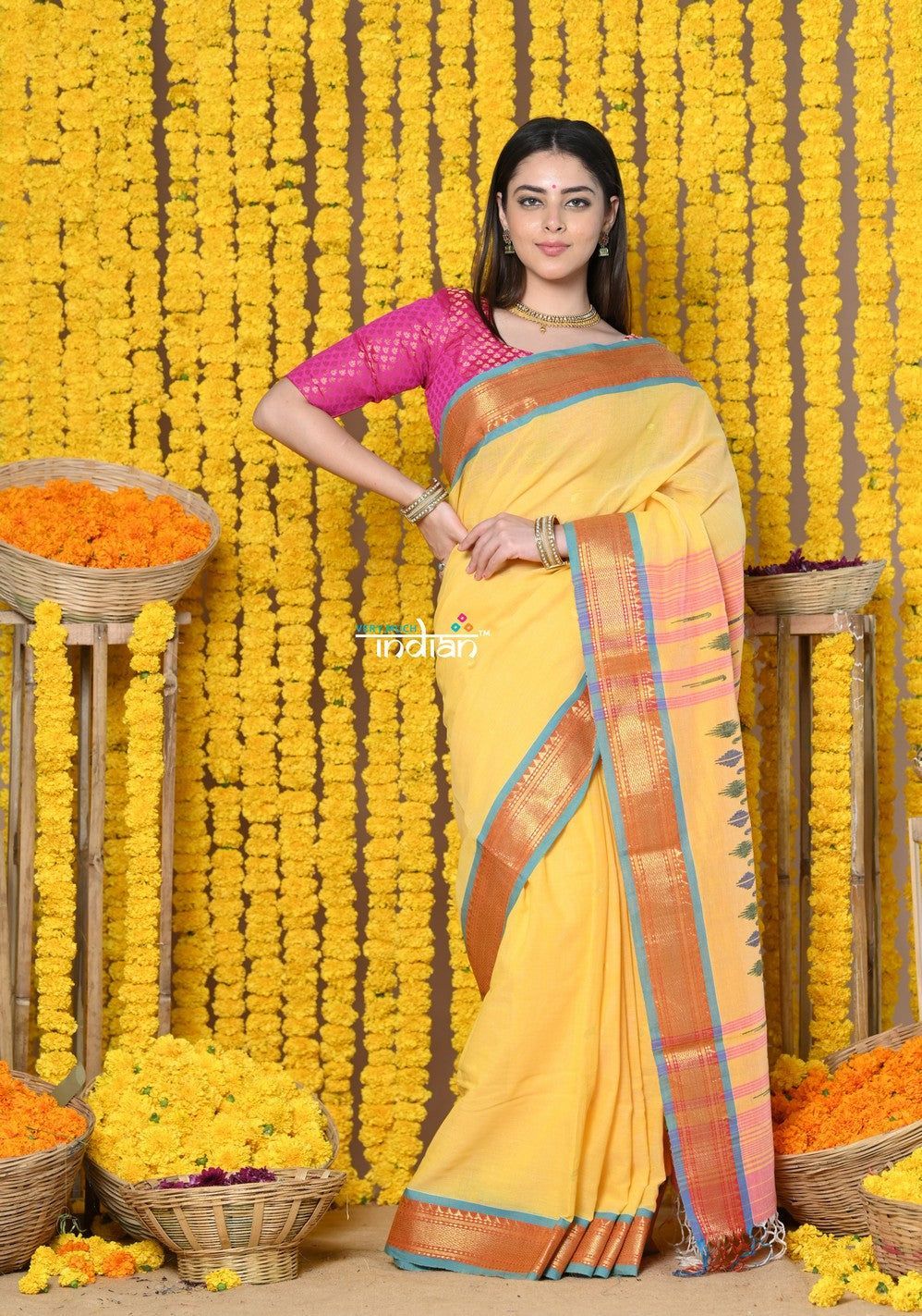Rajsi~Handloom Pure Cotton Paithani Without Zari With Handcrafted Double Pallu~Canary Yellow