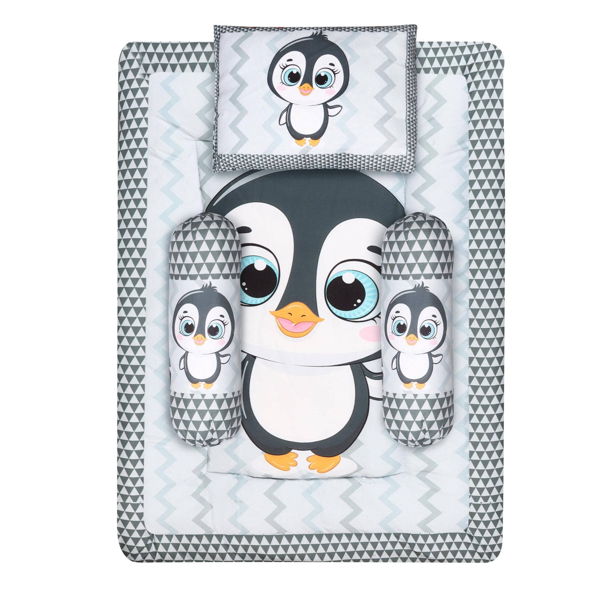 LOREM Grey 3 Pillows & Rectangle Shape Penguine Print Cotton Baby Bed for 0-1 Year BB108