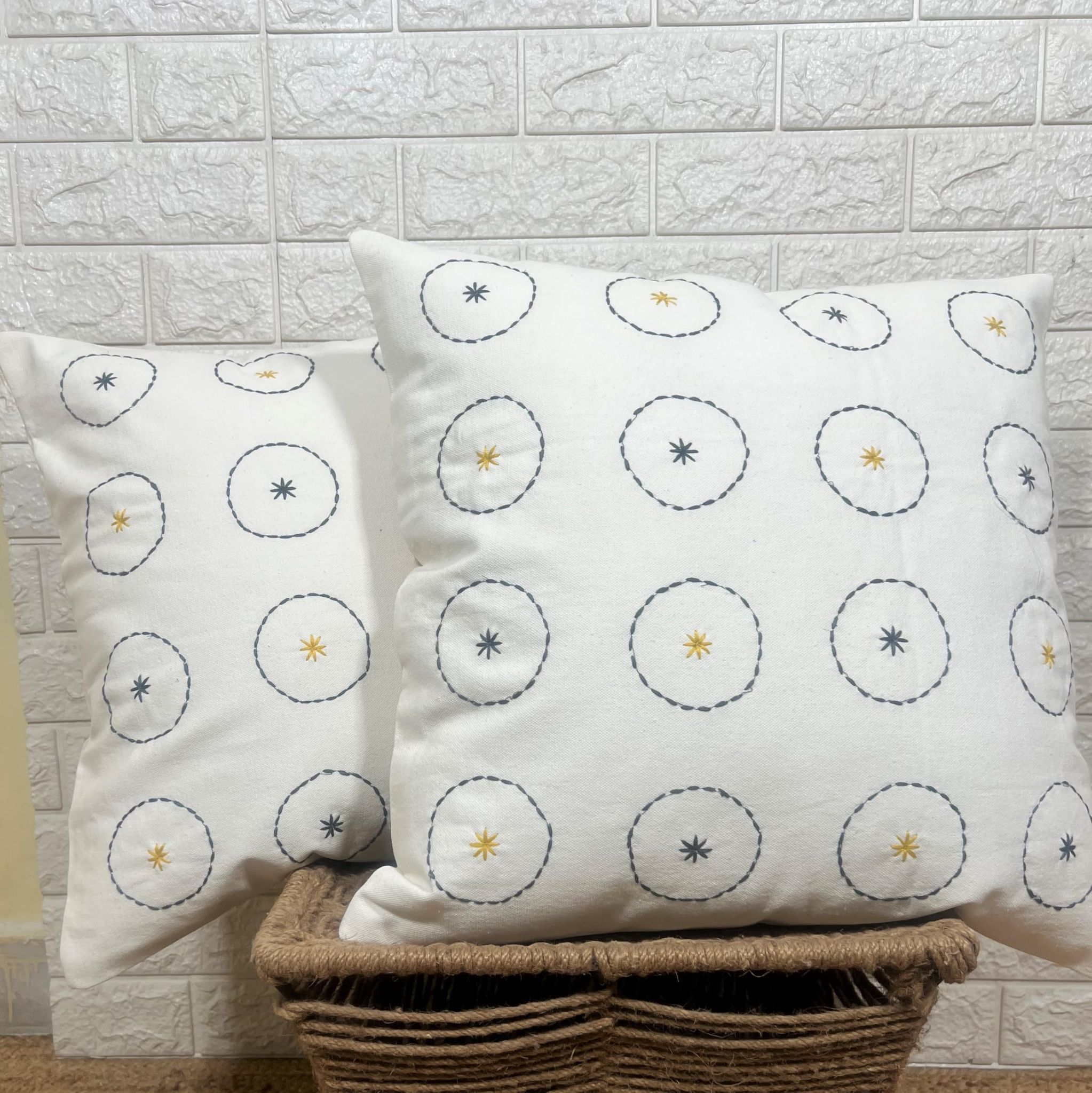 Indihomecraft Handicraft Cotton Cushion Cover - Hand Stitched Embroidery Decorative Art Boho Pillow Boho Round Shape Hand Made Pillow Cover | Square Shape 18X18 Inches Cushion Cover Set of 2