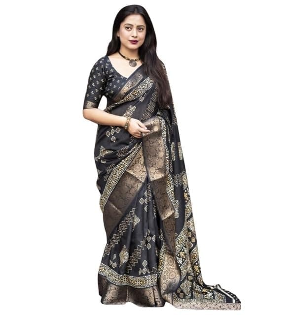 Women's Cotton Silk Printed Saree With Unstitched Blouse 5.5Mtr (Black)-PID66612