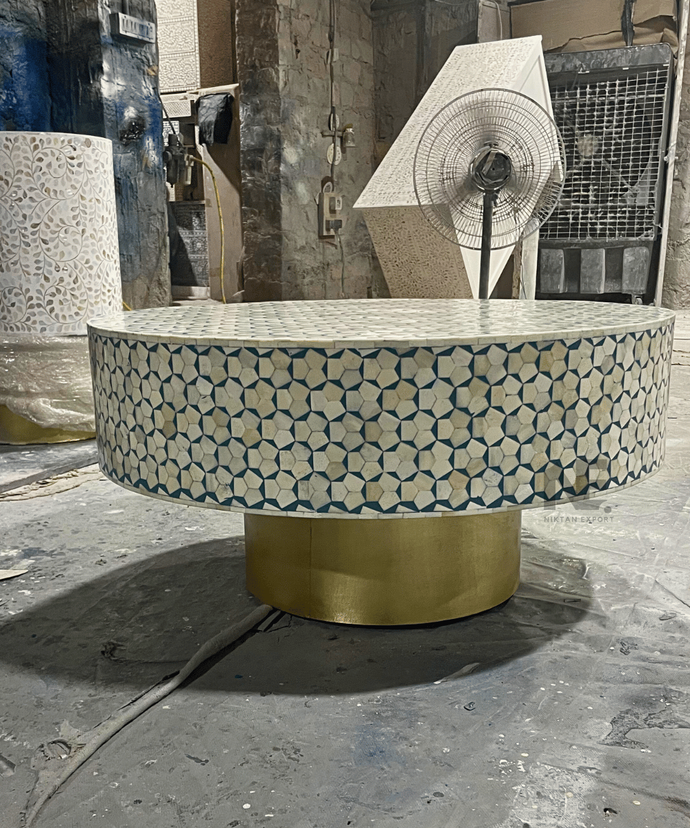 Bone Inlay Round Coffee Table | Handmade Center Table | Black & White Accent Furniture | Niktan Export