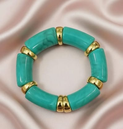 Vardaan Crystalx Women's Anti-Tarnish Bracelet (Kada), Chunky Turq color marble beads with gold spacers  bold, elegant stretch bracelet. Hypoallergenic, Skin Safe, Sweat & Water Proof. Every day wear.