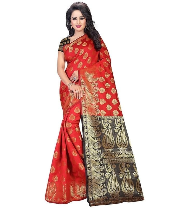Women's Jacquard Woven Saree With Unstitched Blouse 5.5Mtr (Red)-PID54537