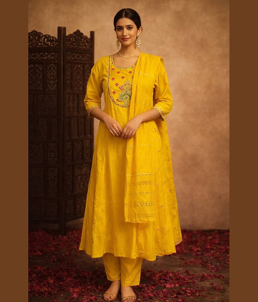 Aarika Women Cotton Blend Embroidered Straight Kurti With Pants ( Yellow )