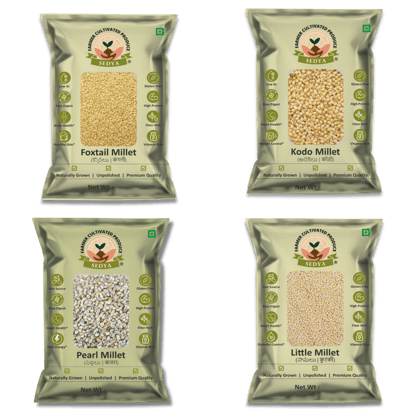 Sedya Four Millet Combo Whole Grains | Foxtail, Kodo, Pearl & Little Millet | Certified Low GI | Korralu / Varagu / Sajje / Samai | Gluten Free | Unpolished, Toasted, No Soaking Required | High Plant Protein & Fibre | Total 2 Kg (500 g Each Pack)