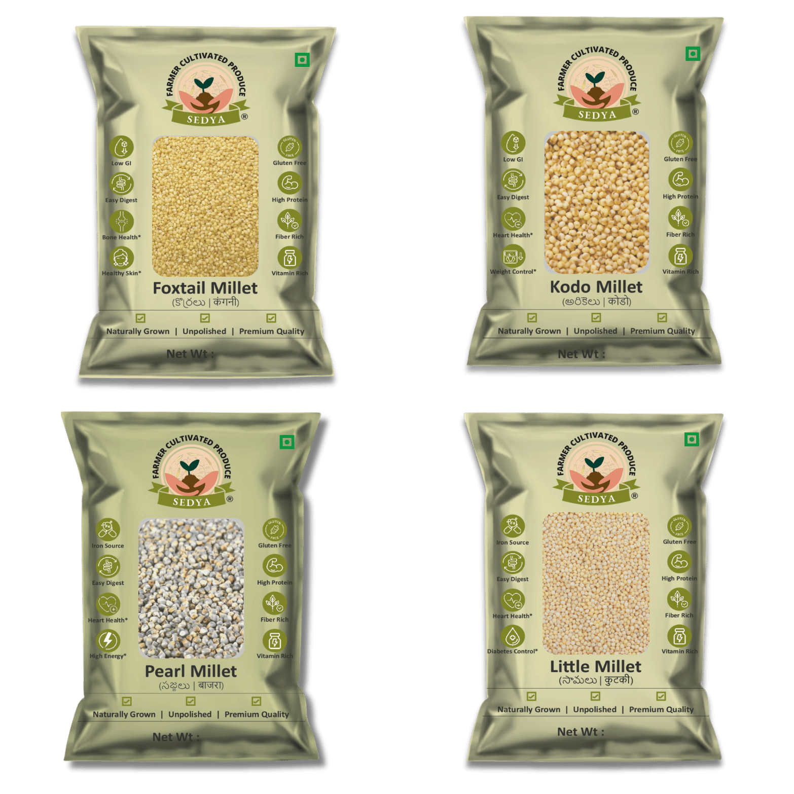 Sedya Four Millet Combo Whole Grains | Foxtail, Kodo, Pearl & Little Millet | Certified Low GI | Korralu / Varagu / Sajje / Samai | Gluten Free | Unpolished, Toasted, No Soaking Required | High Plant Protein & Fibre | Total 2 Kg (500 g Each Pack)