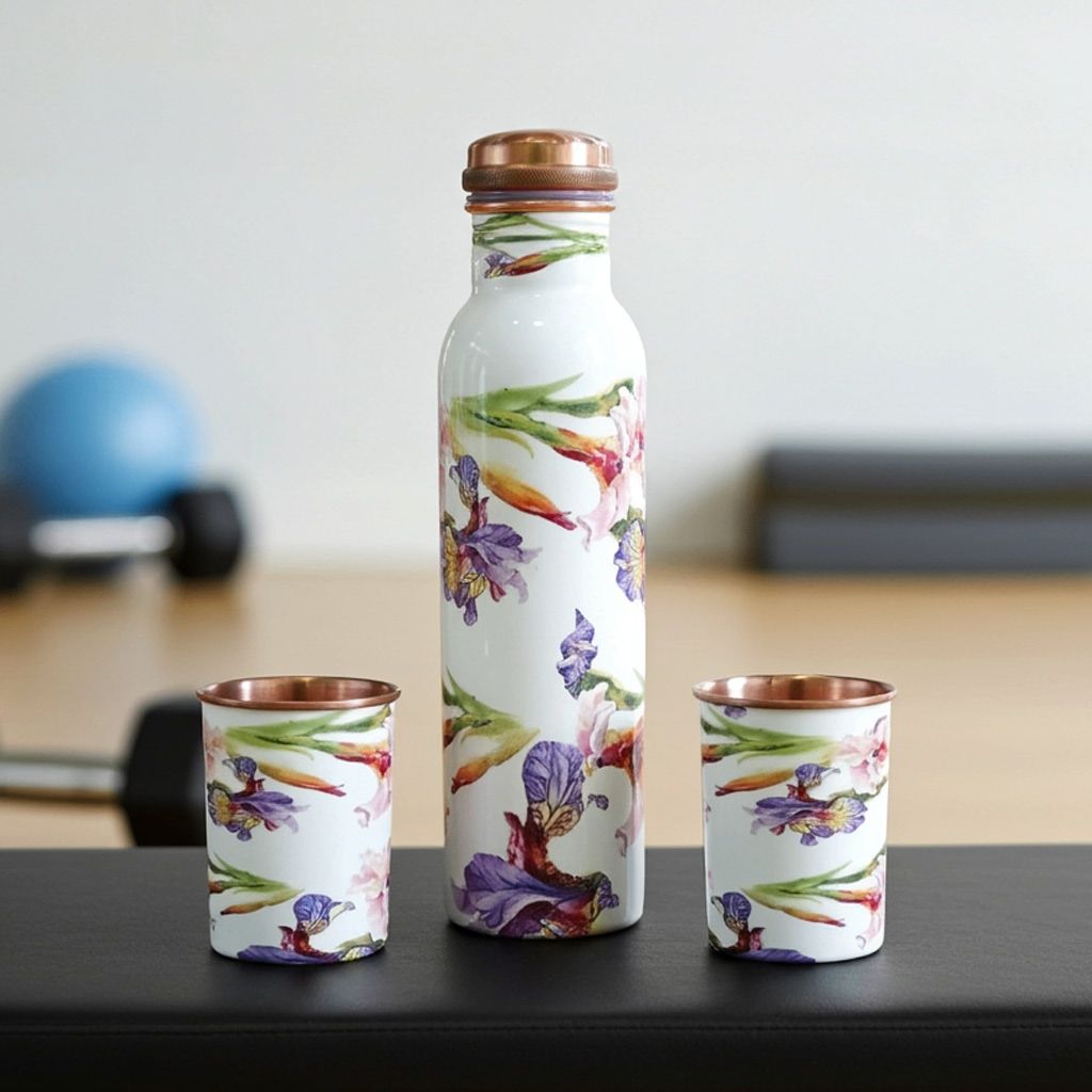 Copper Water Bottle Set with 2 Glasses | Premium Ayurvedic Drinkware , Height : 3.8 Inch (BCMAS146 A)