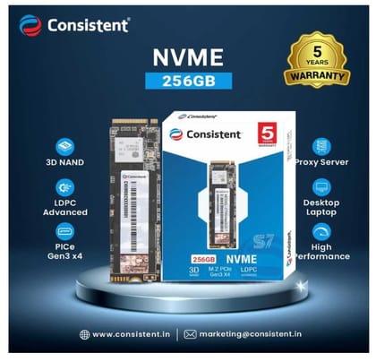 Consistent 256GB NVMe PCIe M.2 SSD 2280, 3D NAND with SLC Cache, Up to 2200MB/s, 5 Years Warranty