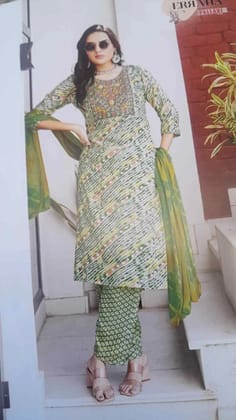Elegant parrot green Floral Kurta Set with Dupatta